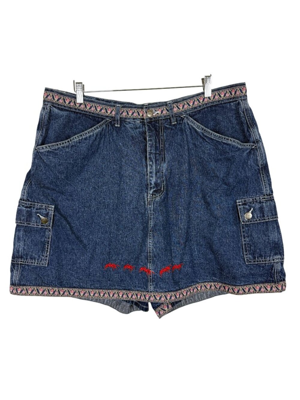 Vtg Basic Editions Plus SIze Denim Cargo Skorts Sz 22W Embroidered Red Ants Trim
